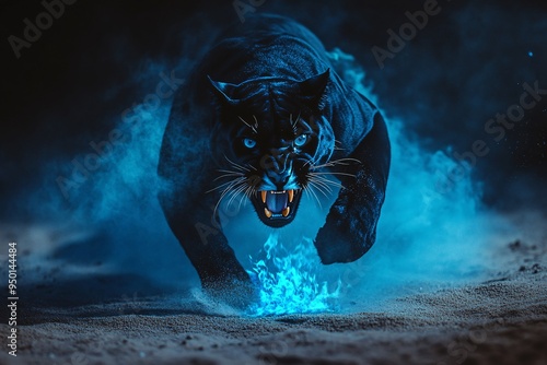 Angry black pnther with open mouth and fiery mane, Glowing yellow eyes, jumping, blue fire flames and sand at night background. Intense Black Panther with Fierce Glowing Eyes in Blue Fiery Ambience
 photo