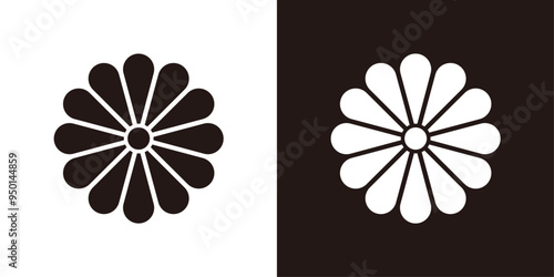 日本の家紋の菊の花のアイコン＿白黒