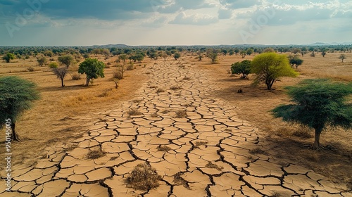 A once-fertile farmland now arid and cracked due to desertification, illustrating the impact of climate change on agriculture. photo