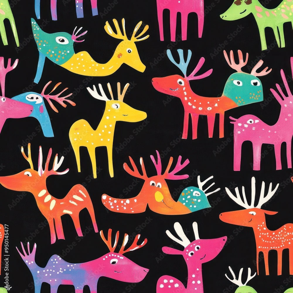 A colorful pattern featuring whimsical deer and animals on a black background. A colorful pattern featuring whimsical deer and animals on a black background.