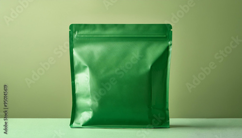 緑色のスタンドパウチバッグが描かれています。バッグは直立しており、背景は淡い緑色で構成されています。シンプルで自然な印象を与えるこのデザインは、特にオーガニック製品や健康食品、茶葉などの包装に適しています。generative AI