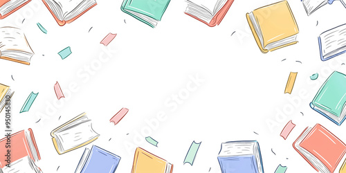 Vector illustrated books arranged in various orientations, with open and closed books in red, blue, yellow, and green, creating a frame with an empty white space for text or graphics, PNG format