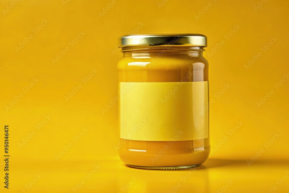 High-detail 3D illustration of a jam jar with a blank label, featuring reflections and shadows on an isolated colorful background, emphasizing a sleek packaging design High-detail 3D illustration of a jam jar with a blank label, featuring reflections and shadows on an isolated colorful background, emphasizing a sleek packaging design