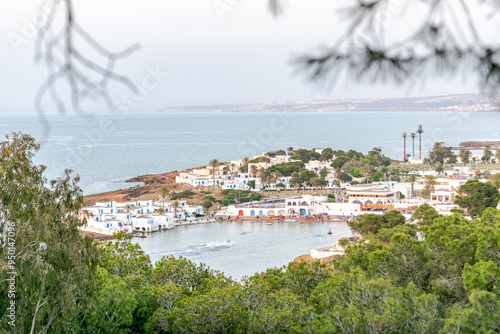 Tourist complex CET beach of Tipaza. Elevated view with trees frame showing unrecognizable people enjoying the sun and summer with aquatic activities like jet-skiing, pedal-boating, and kayaking. photo