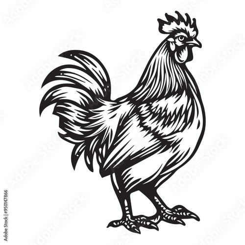 Detailed Black and White Rooster Illustration in Vintage Woodcut Style Vector Drawing
