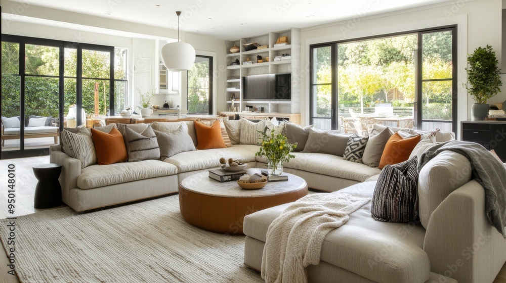 Fototapeta premium A family-friendly living room with a spacious sectional, playful decor, and plenty of natural light, ideal for casual gatherings and relaxation.