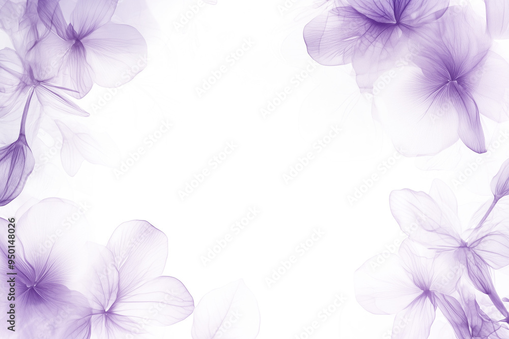 Fototapeta premium Purple floral frame with delicate petals and intricate veins, featuring a blurred background and soft bokeh. Pastel colors and botanical minimalism create a dreamy, feminine aesthetic in PNG format