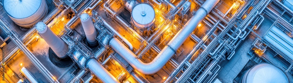 Aerial view of industrial pipelines and machinery illuminated by warm lights, showcasing engineering and energy infrastructure. Aerial view of industrial pipelines and machinery illuminated by warm lights, showcasing engineering and energy infrastructure.