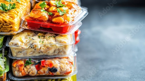 Packaged frozen meals stacked in a store freezer aisle, Convenient frozen food, Supermarket display