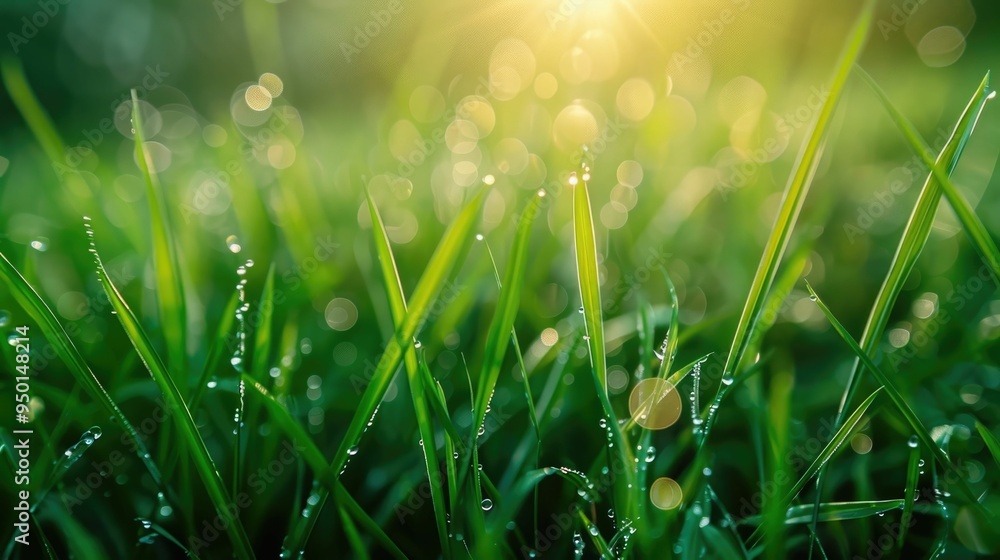 Fototapeta premium Dewy grass closeup with bright morning sunlight glistening on fresh green blades creating a vibrant peaceful and serene natural landscape Macro shot of lush organic foliage with a soft