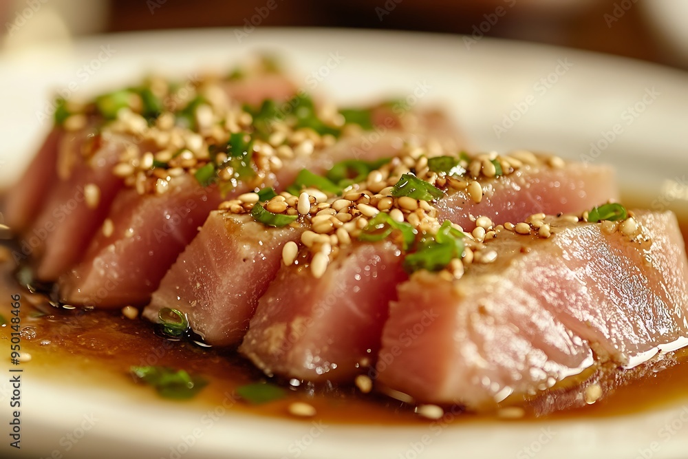 Seared tuna sashimi garnished with sesame seeds and scallions Seared tuna sashimi garnished with sesame seeds and scallions