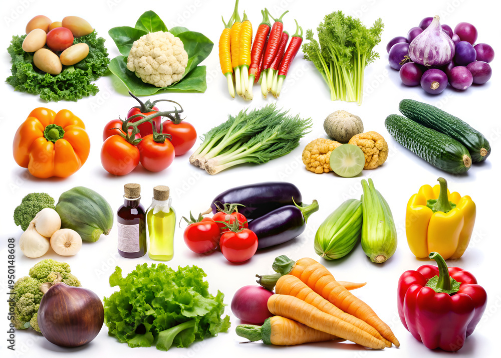 On a clean and simple white background, there exists a wide variety of different types of vegetables, showcasing their vibrant colors and forms On a clean and simple white background, there exists a wide variety of different types of vegetables, showcasing their vibrant colors and forms