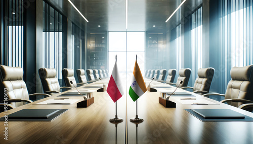 A modern conference room with Poland and India flags on a long table, symbolizing a bilateral meeting or diplomatic discussions between the two nations.