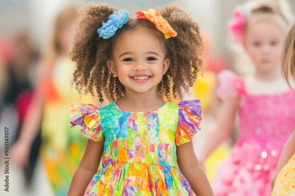 Happy little girl with curly hair and colorful dress, smiling joyfully amidst a lively background, radiating positivity. Happy little girl with curly hair and colorful dress, smiling joyfully amidst a lively background, radiating positivity.