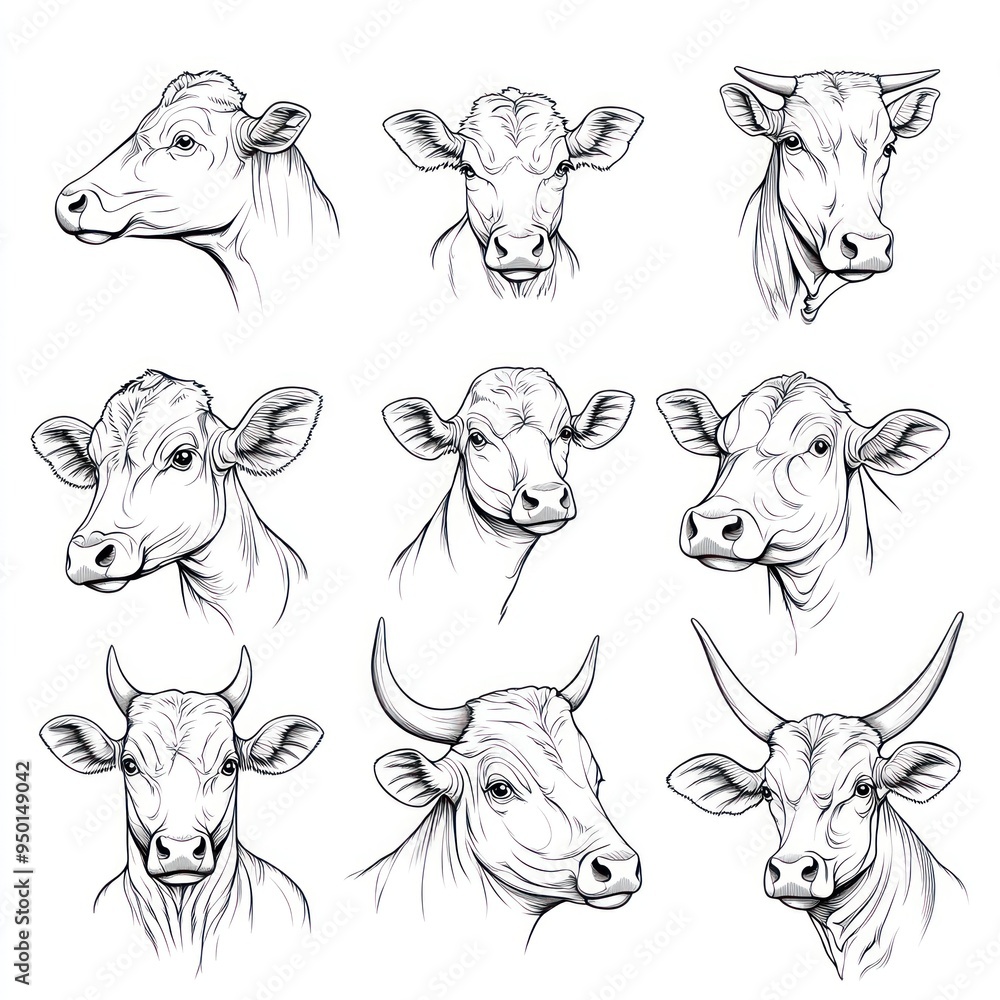 A collection of cow head illustrations in various angles and styles. A collection of cow head illustrations in various angles and styles.