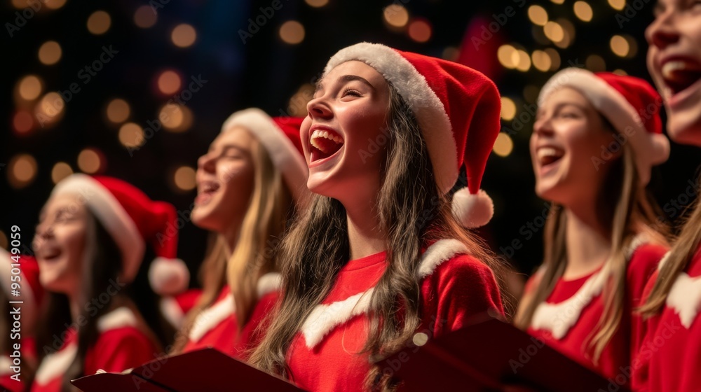 A festive choir performance with holiday attire, singing cheerful songs in perfect harmony, set against a decorated stage background. A festive choir performance with holiday attire, singing cheerful songs in perfect harmony, set against a decorated stage background.