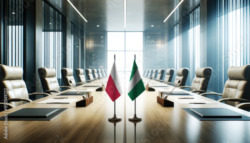 A modern conference room with Poland and Nigeria flags on a long table, symbolizing a bilateral meeting or diplomatic discussions between the two nations.