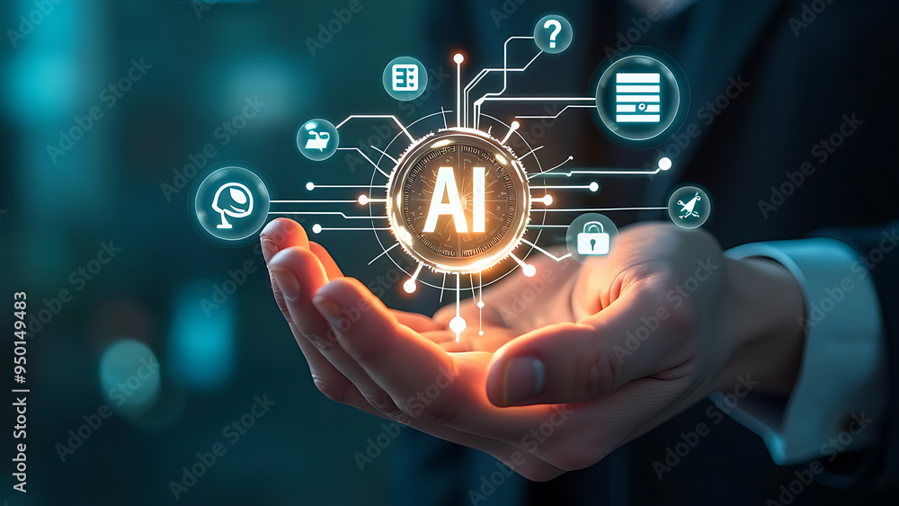 Hand Holding Golden AI Coin with Connected Icons, Representing Artificial Intelligence’s Central Role in Various Technologies and Processes in the Digital World.