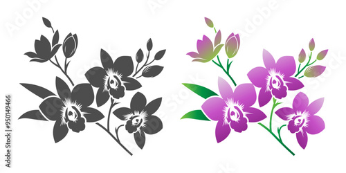 Silhouette of dendrobium flower. A stick of dendrobium orchid. Floral drawing vector illustration. 