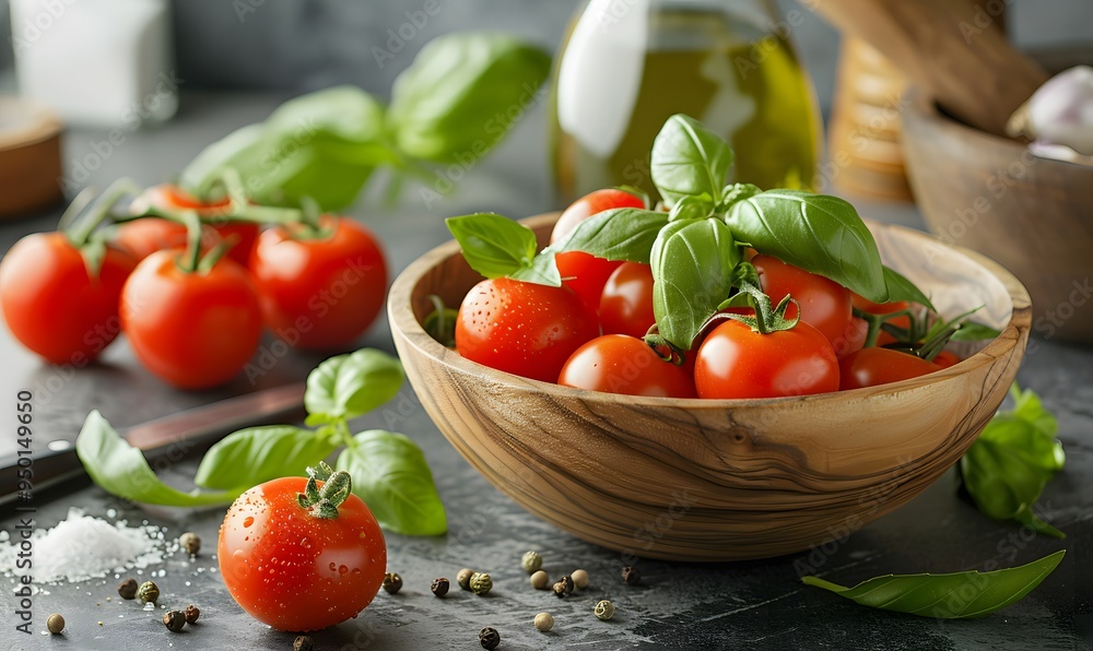 Healthy Meal Prep, Wooden bowl with tomatoes and basil on a kitchen counter, accompanied by ingredients like olive oil Healthy Meal Prep, Wooden bowl with tomatoes and basil on a kitchen counter, accompanied by ingredients like olive oil