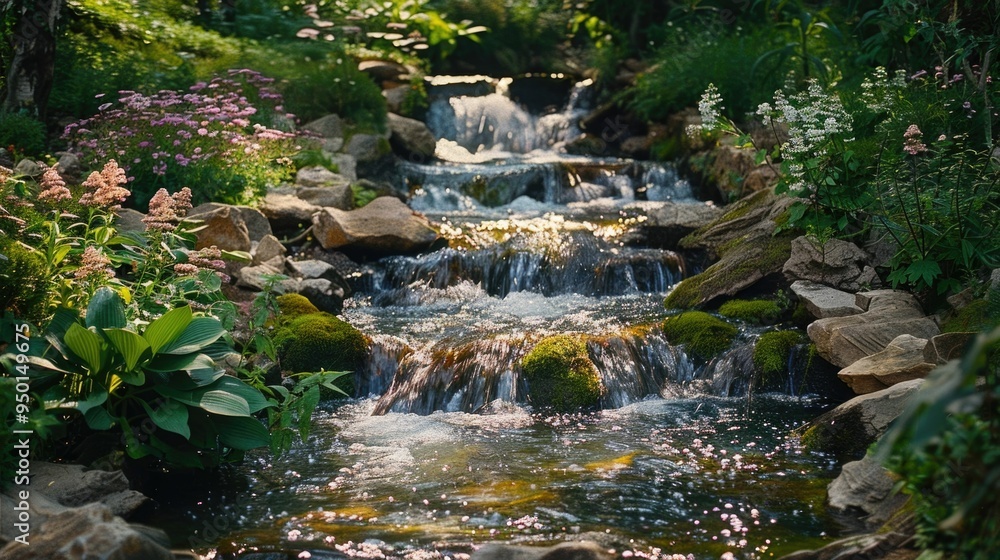 Fototapeta premium Serene Forest Stream Flowing Over Moss Covered Rocks Through Lush Greenery and Foliage in a Peaceful Tranquil Wilderness Setting