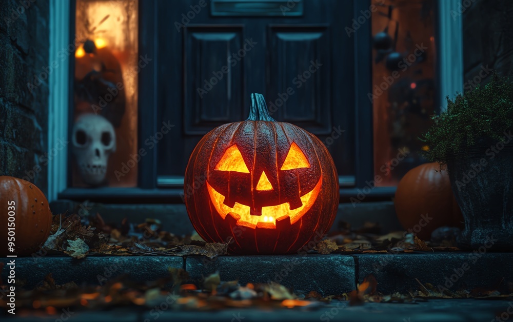 Glowing jackolantern on a doorstep Glowing jackolantern on a doorstep