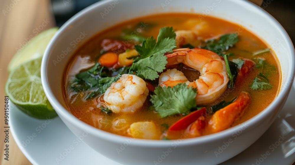 A fresh serving of Tom Yum Goong soup with shrimp and vegetables, garnished with cilantro and lime, arranged on a white plate. A fresh serving of Tom Yum Goong soup with shrimp and vegetables, garnished with cilantro and lime, arranged on a white plate.