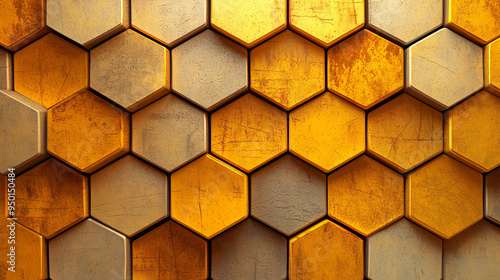 Illustration of Hexagonal Honeycomb Patterns with a Textured and Shiny Yellow Design