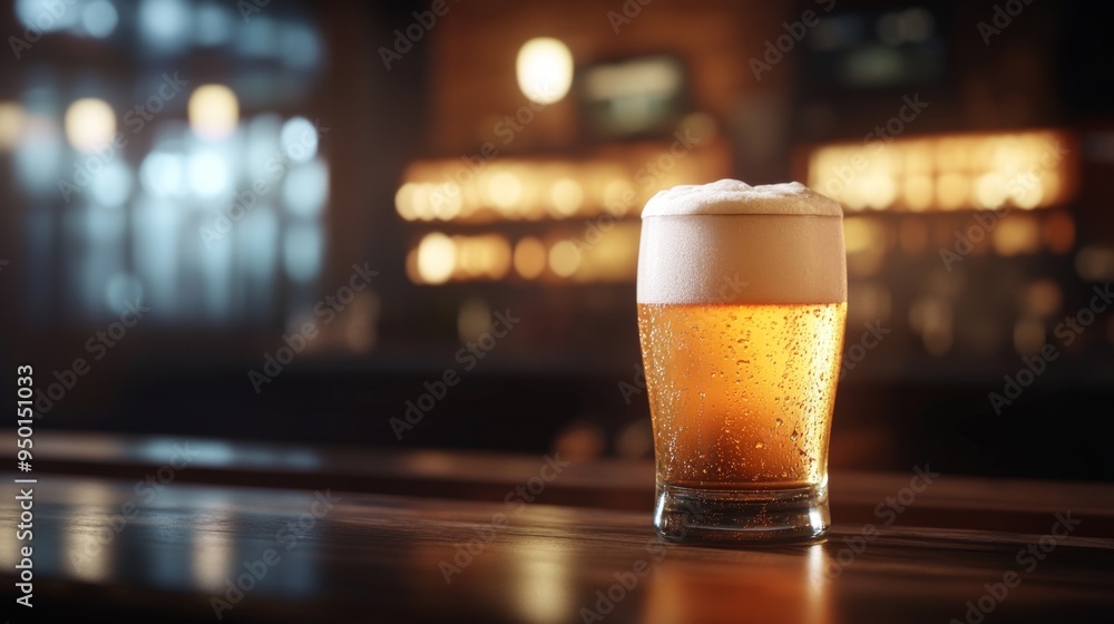 A frosty pint of beer with a foamy top, set on a wooden bar counter with a blurred pub background, capturing the refreshing and inviting nature of a cold drink. A frosty pint of beer with a foamy top, set on a wooden bar counter with a blurred pub background, capturing the refreshing and inviting nature of a cold drink.