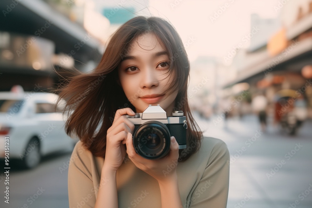 Young Asian woman traveling in city holding a camera Young Asian woman traveling in city holding a camera