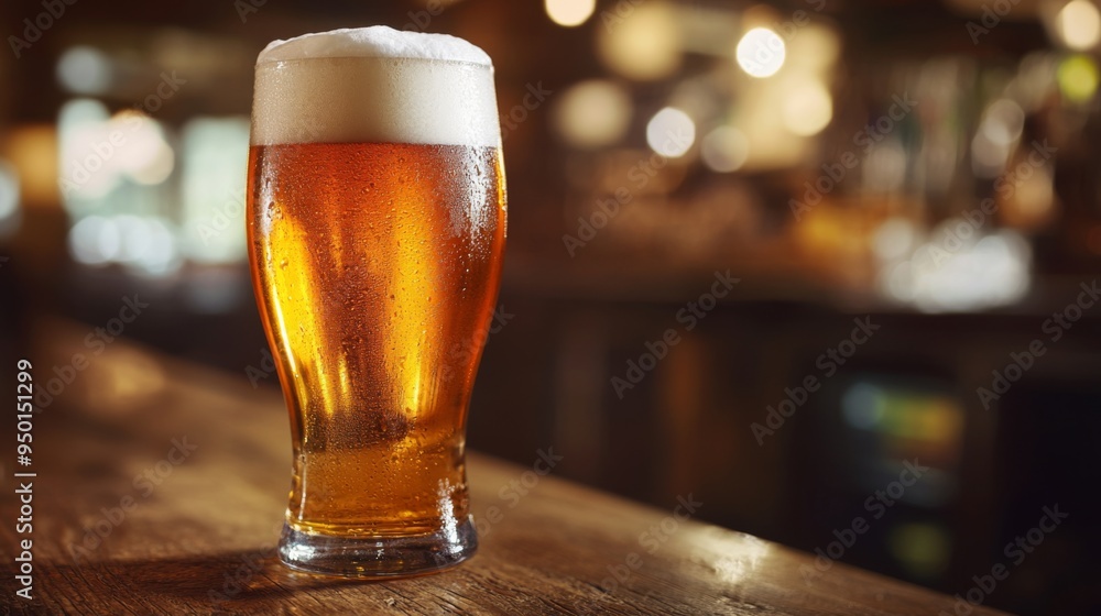 A frosty pint of beer with a foamy top, set on a wooden bar counter with a blurred pub background, capturing the refreshing and inviting nature of a cold drink. A frosty pint of beer with a foamy top, set on a wooden bar counter with a blurred pub background, capturing the refreshing and inviting nature of a cold drink.