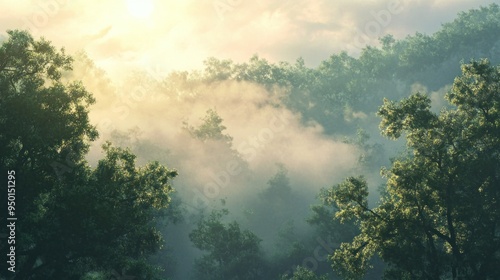 Sunlight Through Foggy Forest Canopy