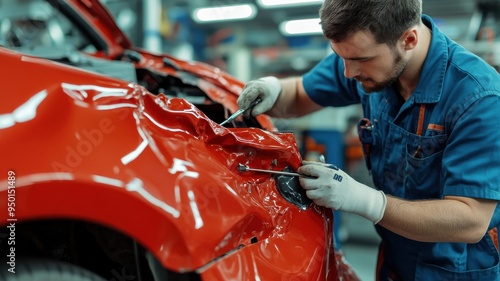 A skilled mechanic repairs a damaged red car in a professional auto body shop, showcasing meticulous craftsmanship and attention to detail.