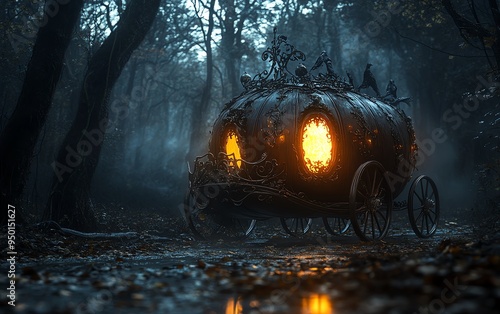 Pumpkin carriage in a dark forest photo