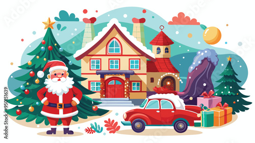 Wallpaper Mural Vintage Christmas and New Year.  Winter nature with house, Christmas tree in cozy home and red retro car for greeting card, Vector illustration of Santa Claus, cover or poster Torontodigital.ca
