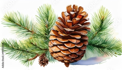 A detailed illustration of a pine cone surrounded by fresh green pine needles, perfect for seasonal decor or nature themes.