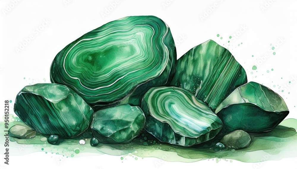 Obraz premium A vibrant cluster of malachite stones showcases rich green hues and unique patterns, ideal for nature-themed designs and artworks.