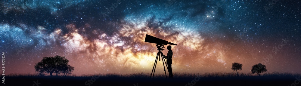 A silhouette of a person using a telescope to explore the night sky filled with stars and colorful cosmic clouds. A silhouette of a person using a telescope to explore the night sky filled with stars and colorful cosmic clouds.