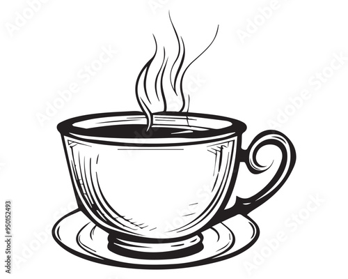 Hand-drawn Black and White Coffee Cup Sketch Vector Illustration in Engraved Woodcut Style