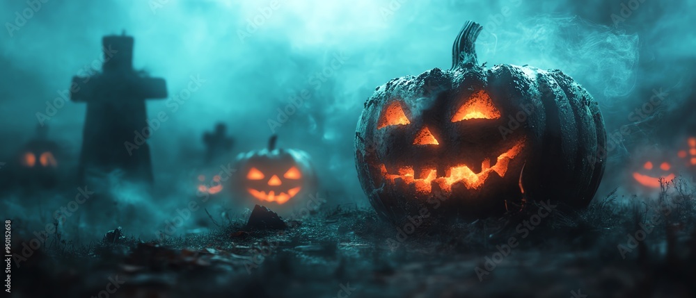 Naklejka premium Pumpkin stack with glowing faces