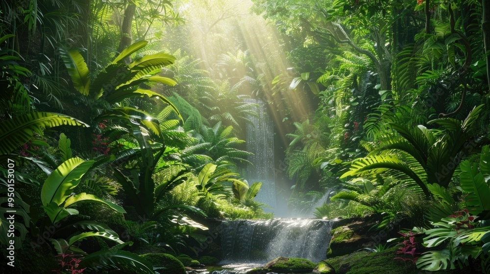 Fototapeta premium Lush vibrant tropical rainforest ecosystem filled with diverse flora including towering trees verdant ferns and cascading waterfall