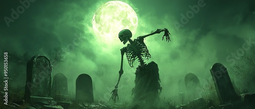 Skeleton dancing in a moonlit graveyard, eerie green glow, ancient tombstones, fogcovered ground, dark and spooky atmosphere, high detail, gothic horror, spectral and haunting photo