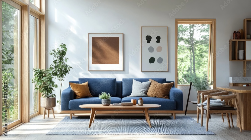 Fototapeta premium A mid-century, Scandinavian-inspired living room featuring a sleek blue sofa as the centerpiece. The space is accented by minimalist decor, light wood furniture, and large windows that allow natural 