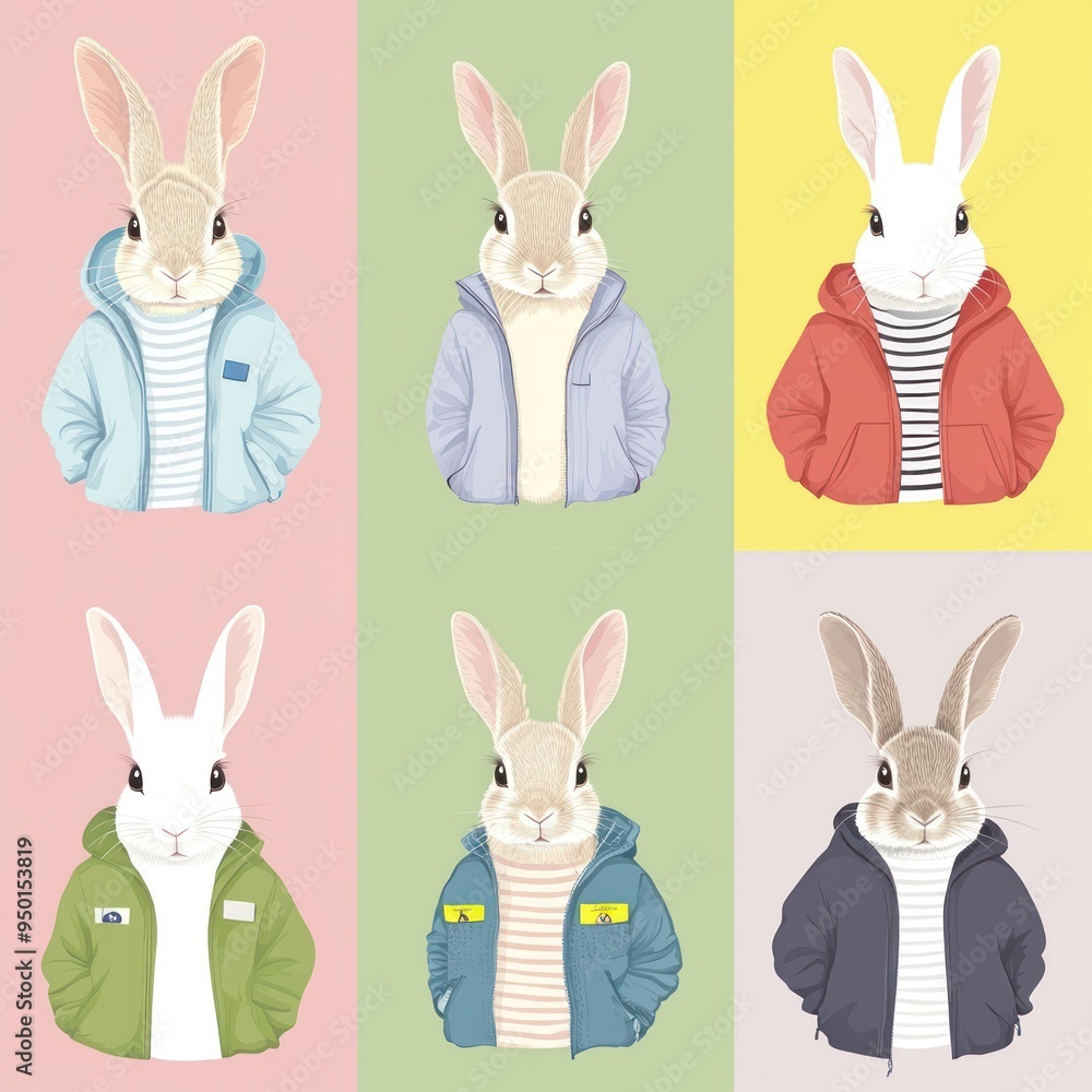 A colorful illustration of rabbits wearing hoodies in various poses and colors. A colorful illustration of rabbits wearing hoodies in various poses and colors.