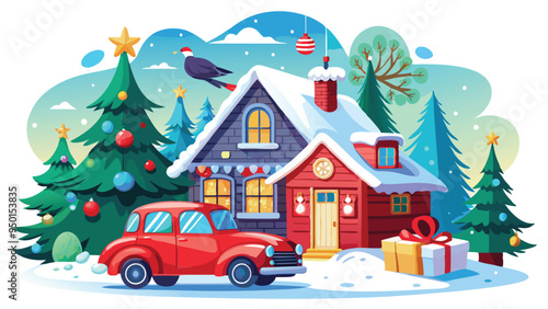 Wallpaper Mural Vintage Christmas and New Year.  Winter nature with house, Christmas tree in cozy home and red retro car for greeting card, Vector illustration of Santa Claus, cover or poster Torontodigital.ca