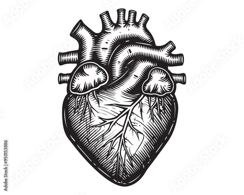 Hand-Drawn Anatomical Heart Vector Illustration in Black and White Engraved Woodcut Style