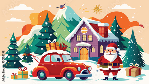 Wallpaper Mural Vintage Christmas and New Year.  Winter nature with house, Christmas tree in cozy home and red retro car for greeting card, Vector illustration of Santa Claus, cover or poster Torontodigital.ca