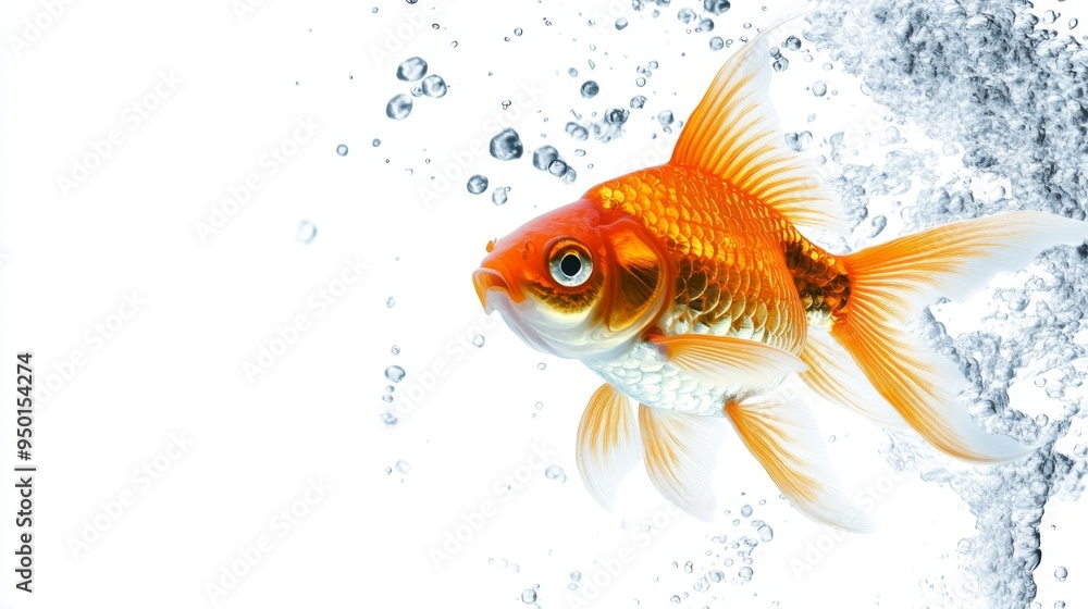 A goldfish caught mid-swim, with bubbles rising around it, against a white background, creating a dynamic and lively underwater scene with minimal distractions. A goldfish caught mid-swim, with bubbles rising around it, against a white background, creating a dynamic and lively underwater scene with minimal distractions.