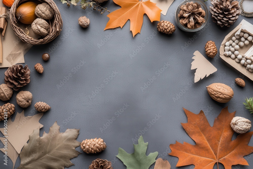 Handmade Thanksgiving Decorations: A crafting table with supplies like leaves, acorns, pinecones, and paper for making DIY Thanksgiving decorations. Finished crafts like garlands and place cards are d