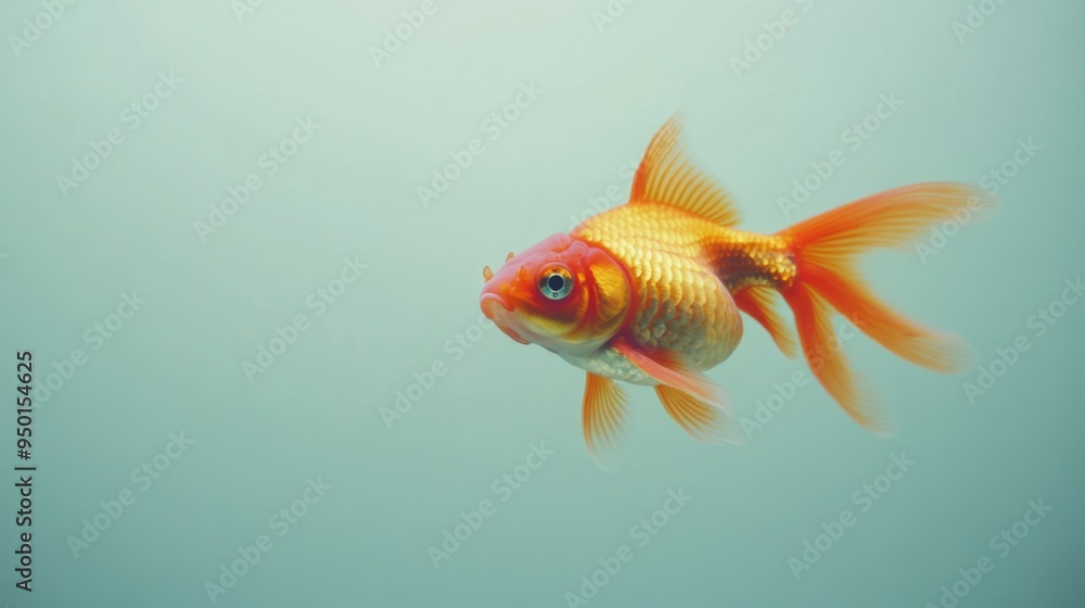A goldfish swimming near the edge of the frame, with plenty of white space around it, allowing its vibrant color and form to stand out in a minimalist design. A goldfish swimming near the edge of the frame, with plenty of white space around it, allowing its vibrant color and form to stand out in a minimalist design.